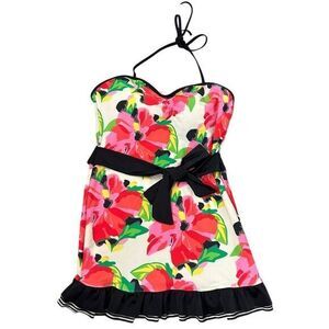 Lime Ricki Swimwear Swim Dress XL Red Pink Black Floral Ruffles Bathing Suit Bow